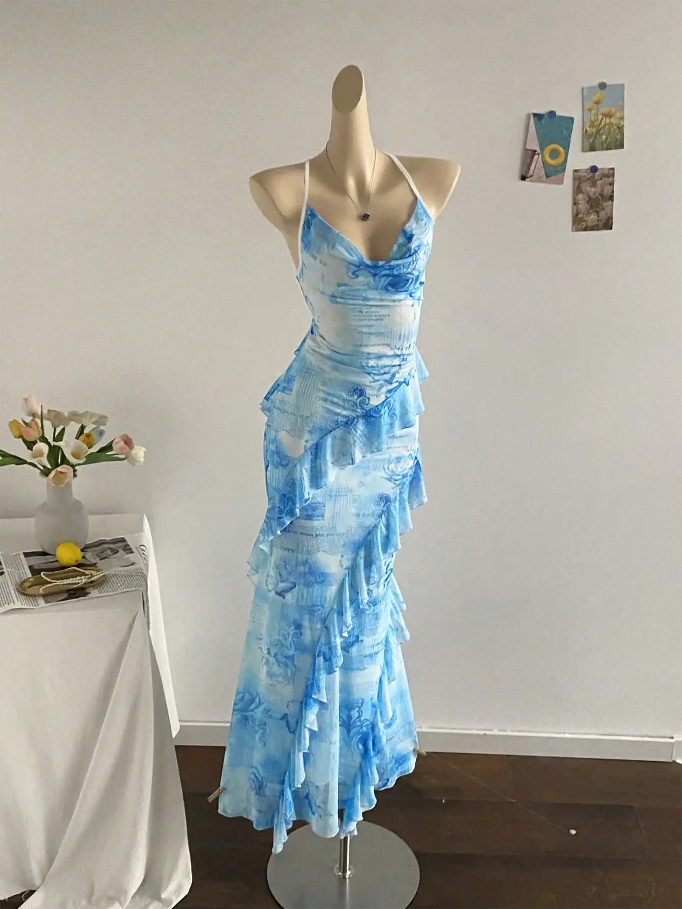 Soleia Women's Colorful Vintage Floral Print Draped Neck Layered Ruffle Hem Maxi Dress, Vacation Style Elegant Dress Women,