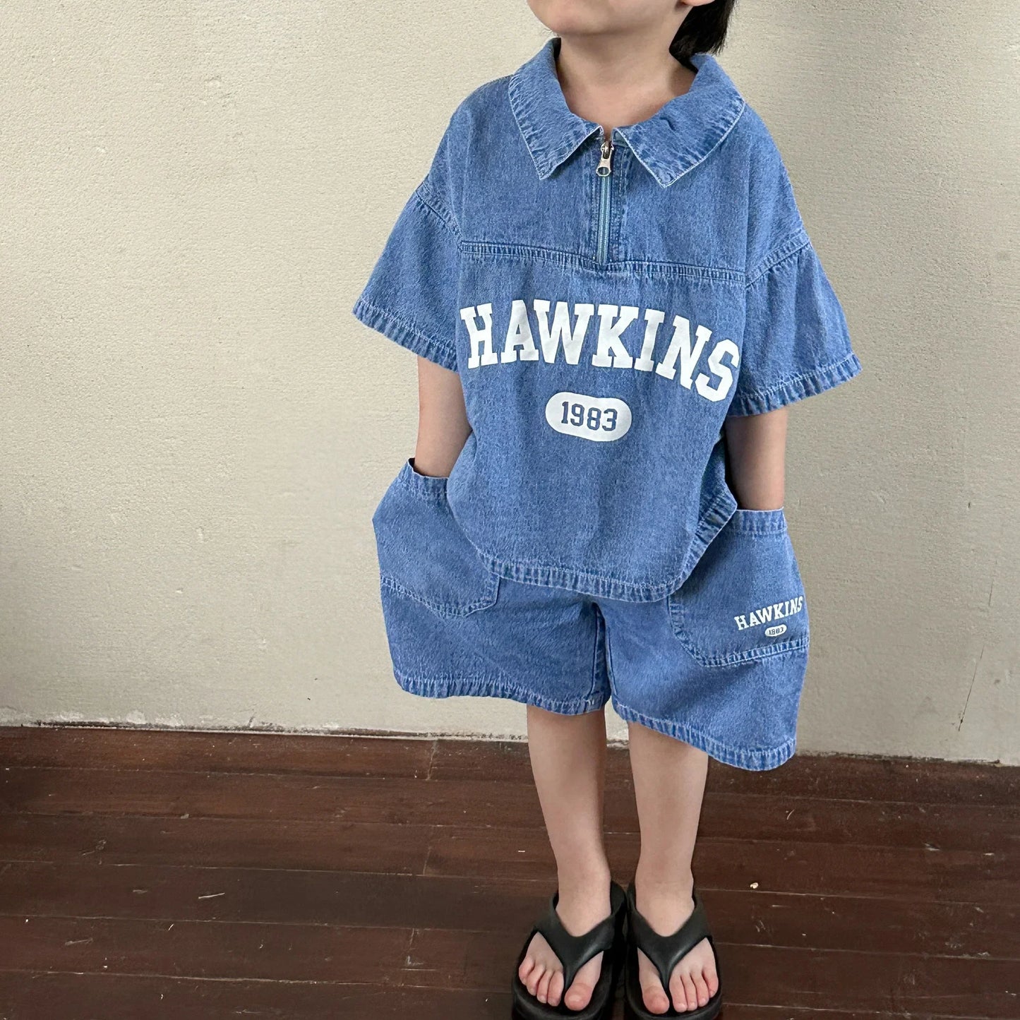 5816C Children's Clothing Set Denim Suit Summer Casual Boy's Denim Suit Letter Print Top+ Shorts Casual Two-piece Suit