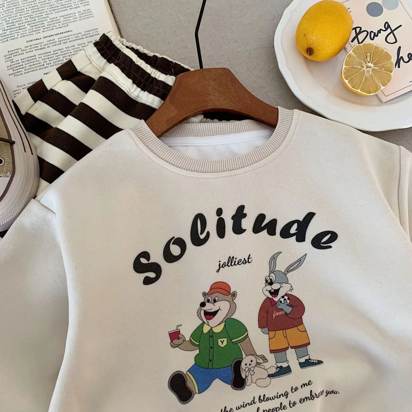 Kids Baby Boys Autumn Sets Cartoon Printed Sweatshirt+striped Elastic Waist Pant 1-8Y Boys Sets Loose Casual Baby Boys Sport Set