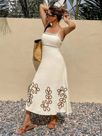 Cream Embroidered Leaf Pattern Spaghetti Strap Midi Dress Summer Casual Beach