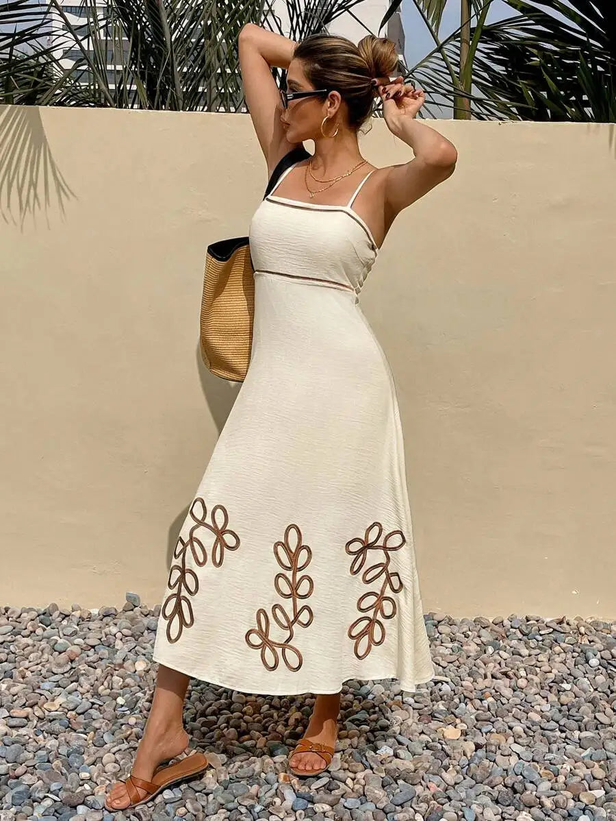 Cream Embroidered Leaf Pattern Spaghetti Strap Midi Dress Summer Casual Beach