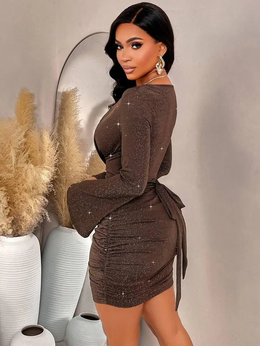 Sparkly Brown V-Neck Ruched Mini Dress with Flare Sleeves and Tie Waist