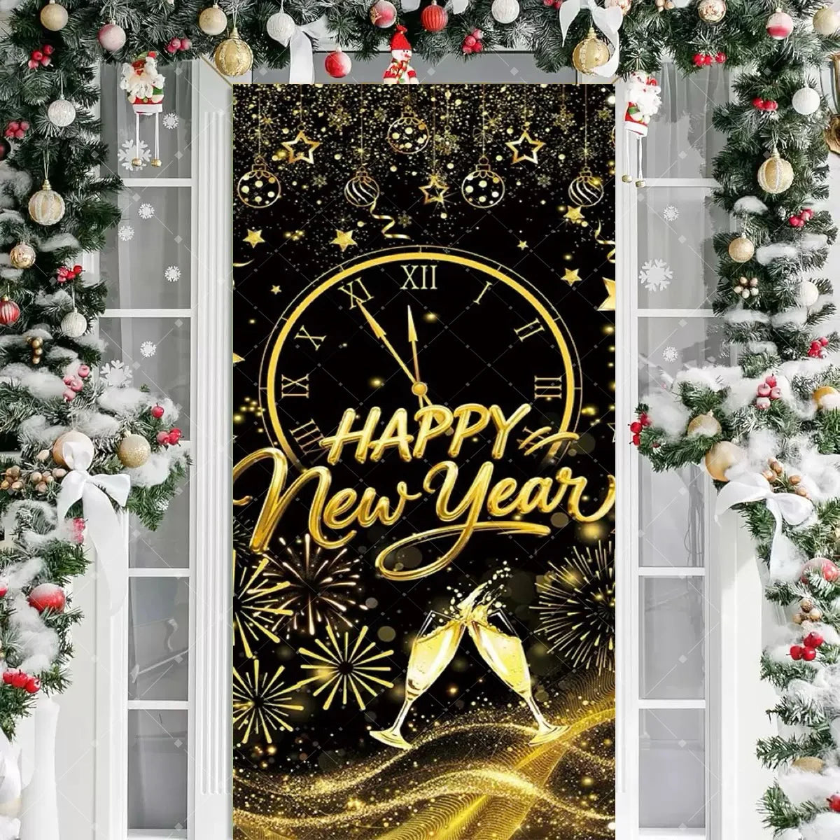 Black Gold 2026 Happy New Year Theme Party Door Decor Backdrop New Year Clock Gift Champagne Party Cake Table Porch Decor Banner