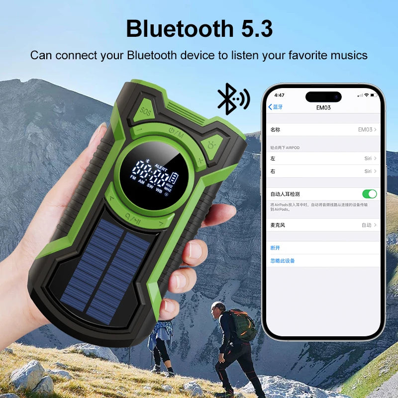 Solar Emergency Weather Radio 5000mAh Hand Crank AM/FM/NOAA Portable Emergency Radio Bluetooth5.3 SOS Alarm for Outdoor Survival