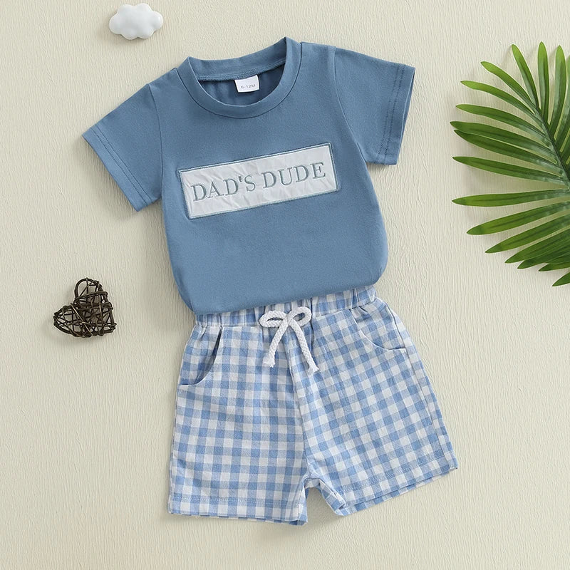 Infant Boy s Casual Outfit with Embroidered T-shirt and Plaid Shorts Elastic Waistband 2-Piece Set for Toddlers