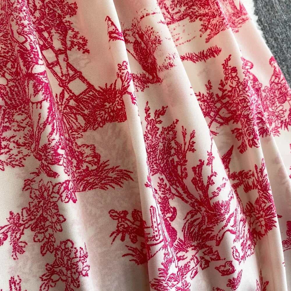 2025 New Summer Pink/Purple Flower Print Romantic Retro Party Dress Elastic High Waist Vacation Long Dress Beach Vestido