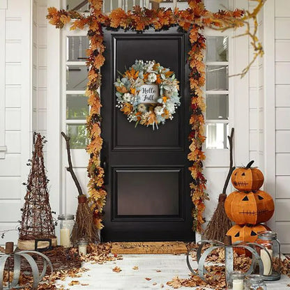 20inch Thanksgiving Fall Wreath with Eucalyptus Berries Pumpkins Lamb Ears Leaves for Front Door Porch Wall Home Outdoor Holida
