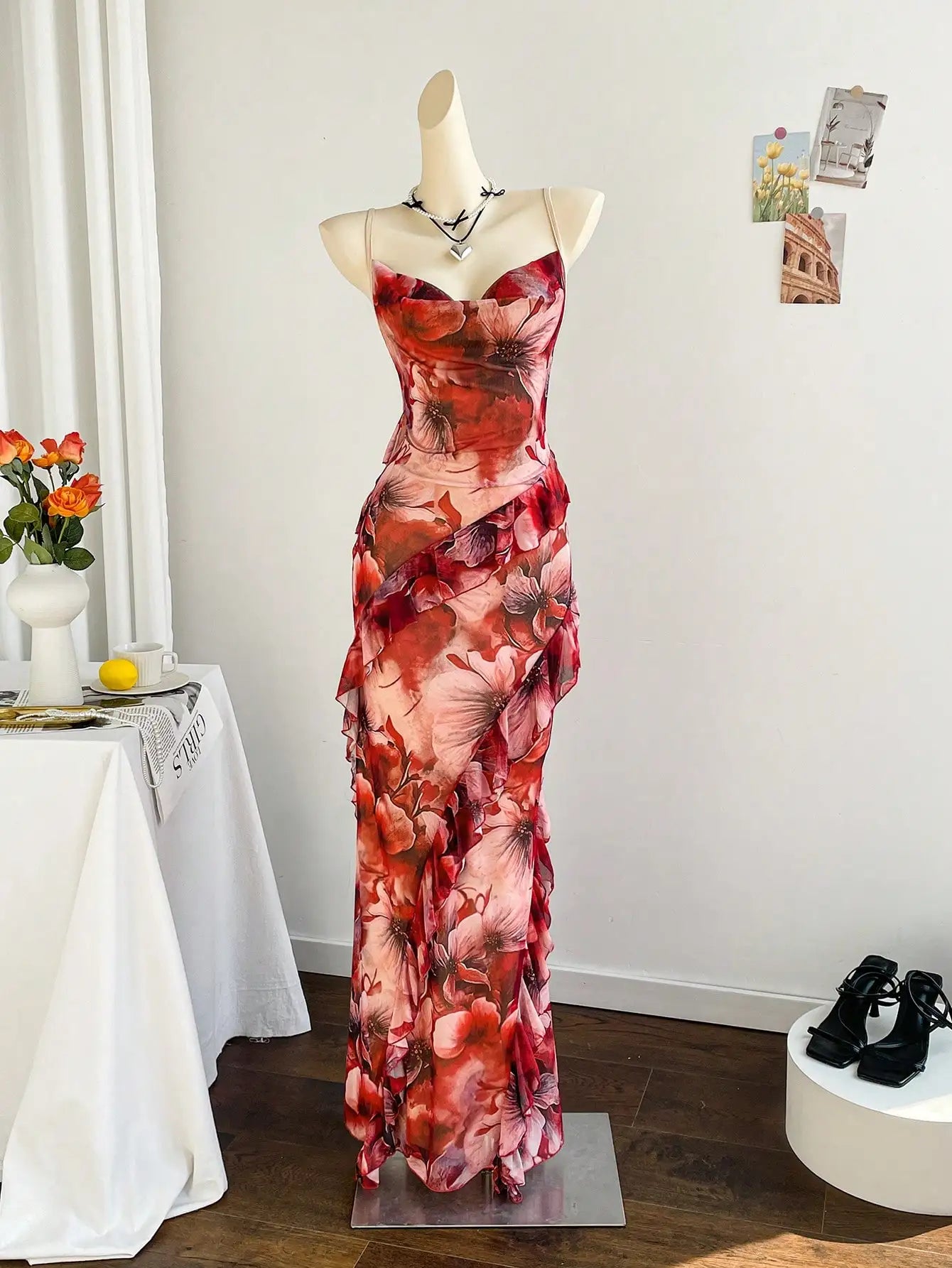 Soleia Women's Colorful Vintage Floral Print Draped Neck Layered Ruffle Hem Maxi Dress, Vacation Style Elegant Dress Women,