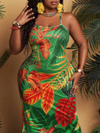 Plus Size Tropical Leaf Print Mermaid Maxi Dress with Thin Straps