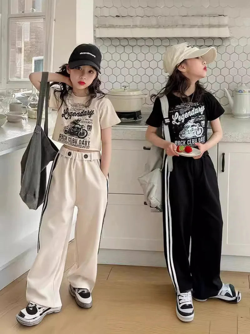 Girls' summer casual suit, new children's fashionable T-shirt, casual pants, summer dress, foreign short-sleeved two-piece set,