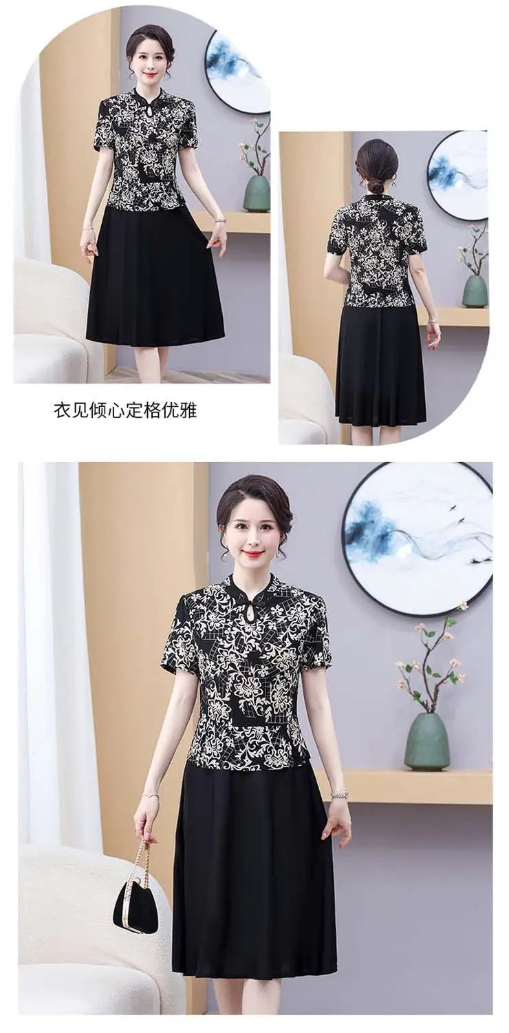 Mom's Summer New Style Cheongsam Elegant and Slimming Middle-aged Women's Wear Fake Two-piece Dress
