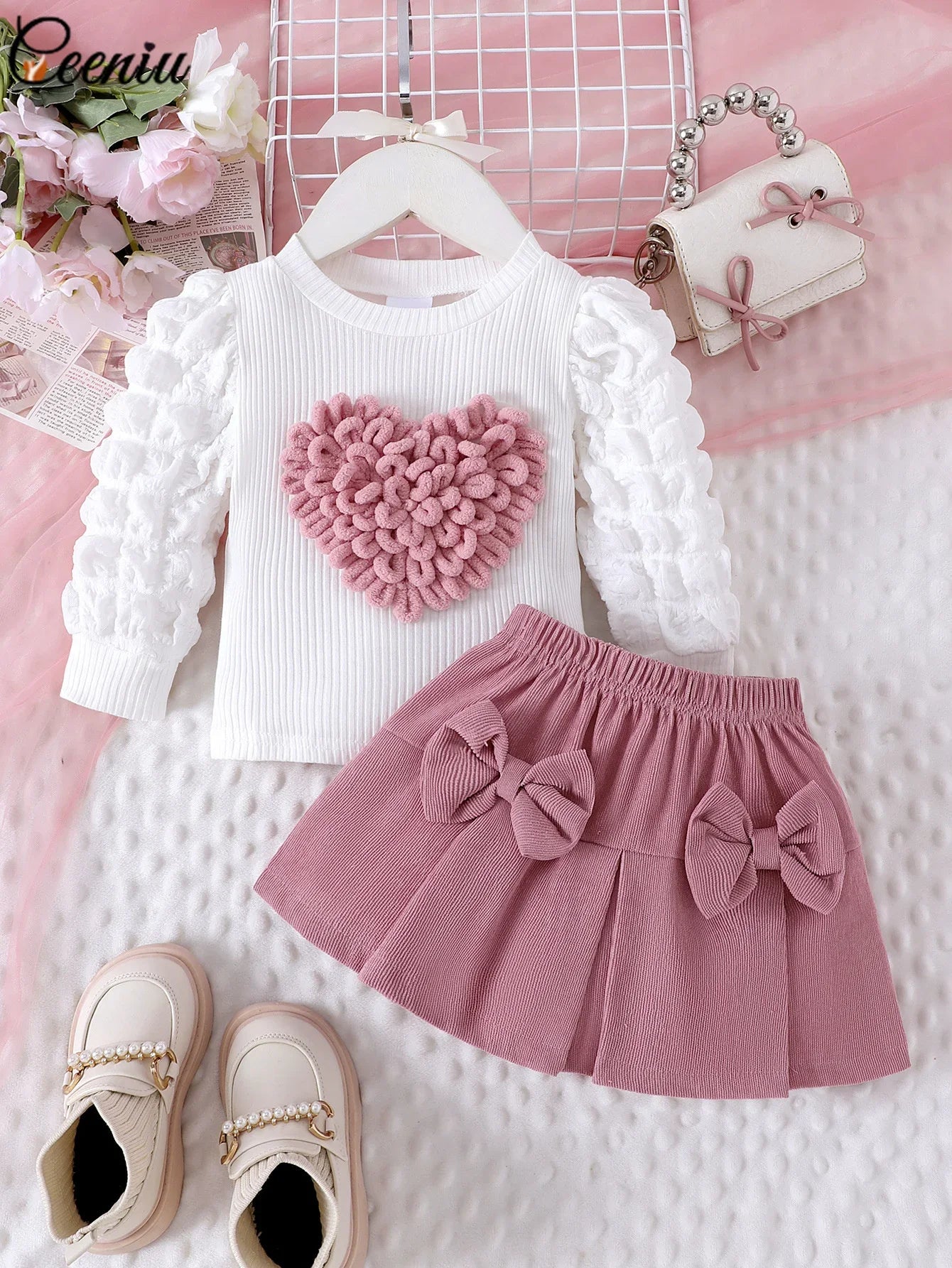 Baby Girl Outfit 0-3Y Pink Heart & Rose 3pcs Set High Neck Top Bow Skirt Hat Toddler Clothing Ensemble for Girls