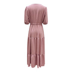 Women Button Drawstring Maxi Dresses Summer Lantern Sleeve Solid Color Boho Long Dresses Sexy A Line Tierred Large Swing Dress