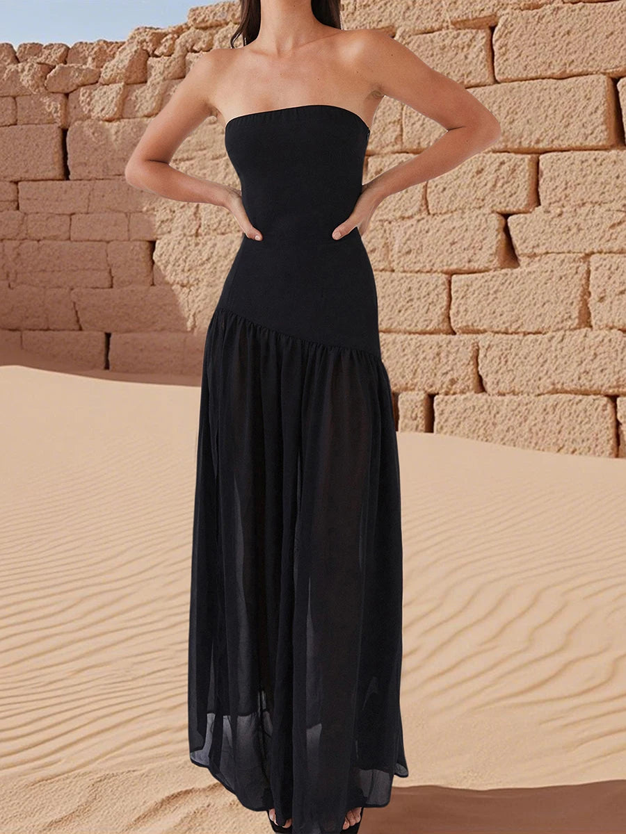 Elegant Off-Shoulder Maxi Dress with Side Slit Women s Solid Color Tube Dress for Summer Cocktail Party