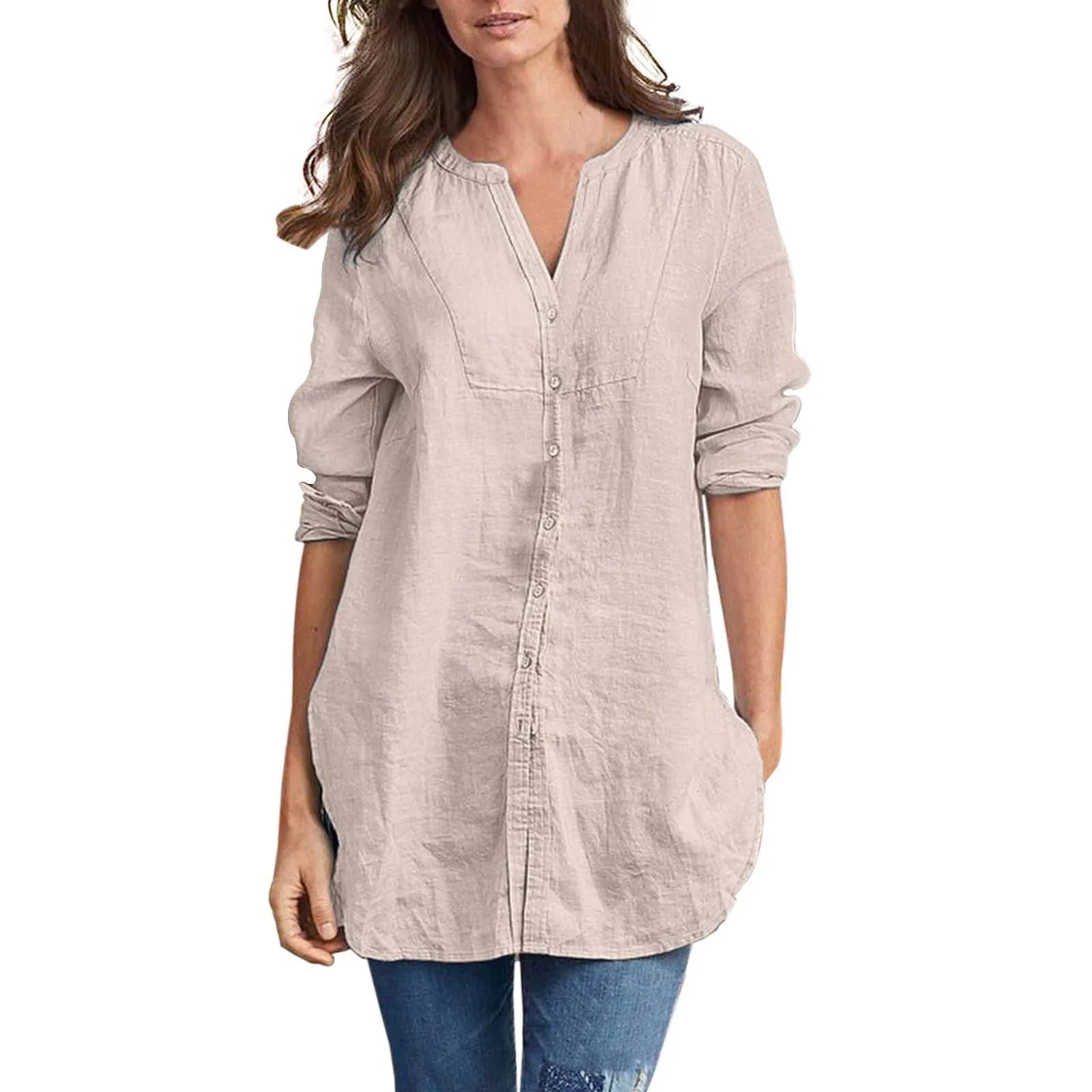 Summer Blouses For Women Dressy Casual Women'S Solid Color Cotton Linen Longline Shirt Cardigan Blusas Elegantes Para Mujer 2025