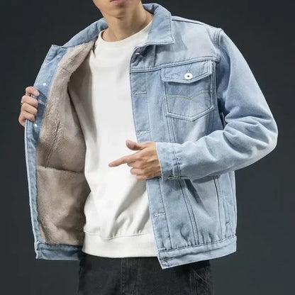 Thickened Fleece-Lined Denim Jacket Men's Loose Fit Warm Work Clothes Trendy Korean Style Versatile Plus Size Casual Wear