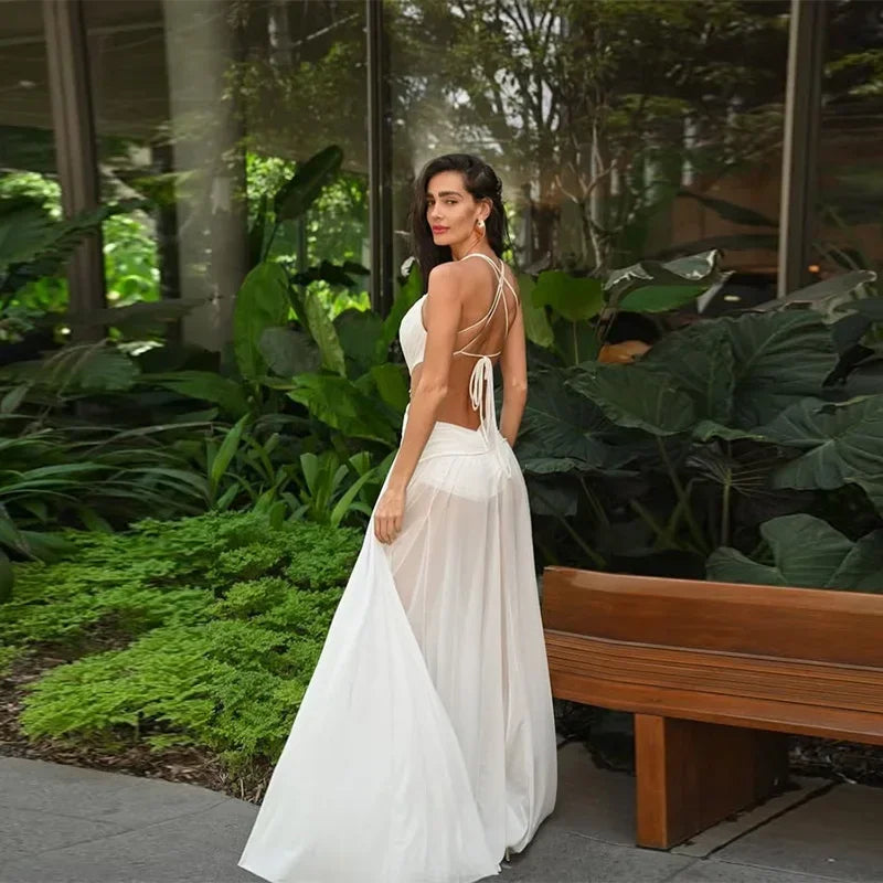 Sexy Hollow Out Bikini Long Dress Mesh Backless Lace Up Sleeveless Female Dresses 2025 Summer Lady A-line Pleat Robe Beach