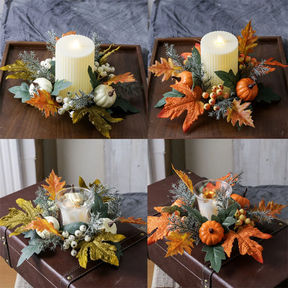 Fall Harvest Pumpkin Maple Leaf Candle Ring Wreath for Thanksgiving Farmhouse Table Centerpiece Decorations and Festival Display