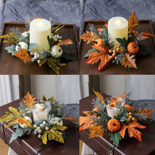 Fall Harvest Pumpkin Maple Leaf Candle Ring Wreath for Thanksgiving Farmhouse Table Centerpiece Decorations and Festival Display