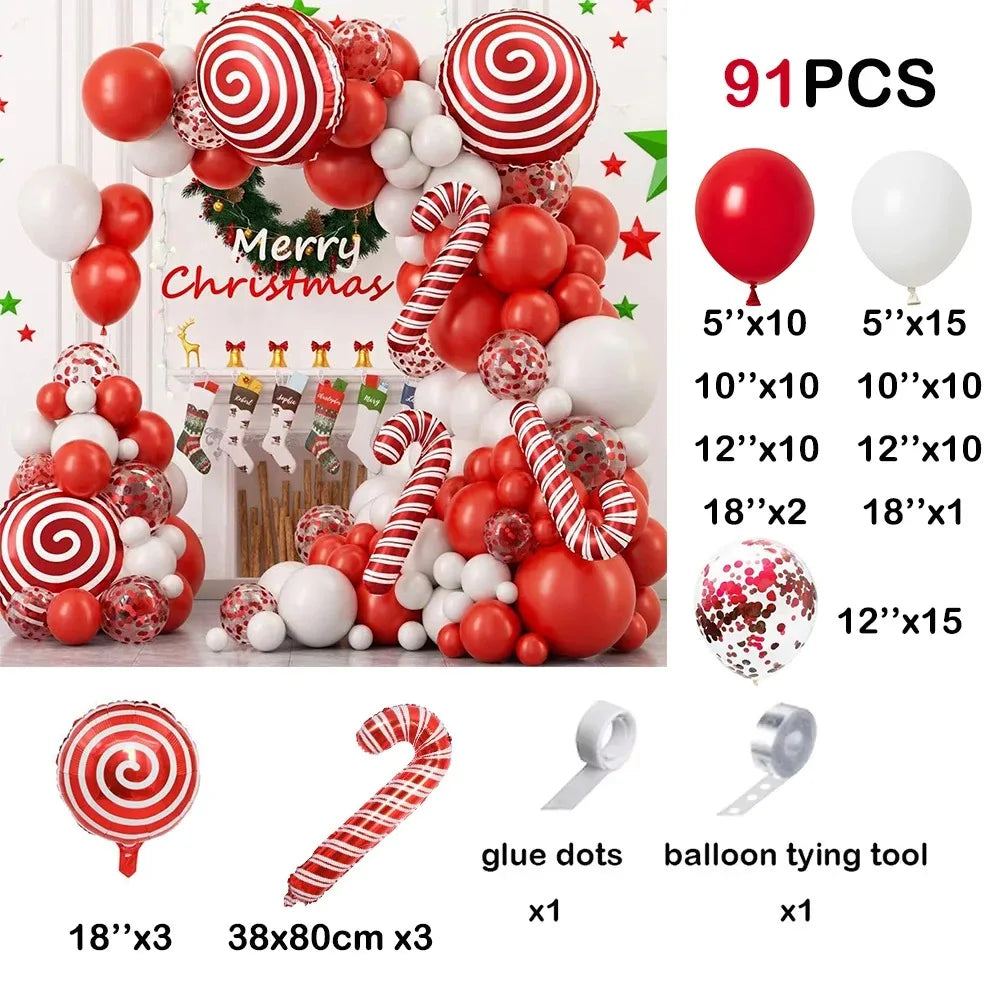Christmas Balloons Garland Kit White Red Confetti Balloon Arch Christmas Candy Cane Foil Balloon Decoration Xmas New Year Party