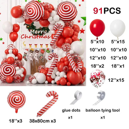 Christmas Balloons Garland Kit White Red Confetti Balloon Arch Christmas Candy Cane Foil Balloon Decoration Xmas New Year Party