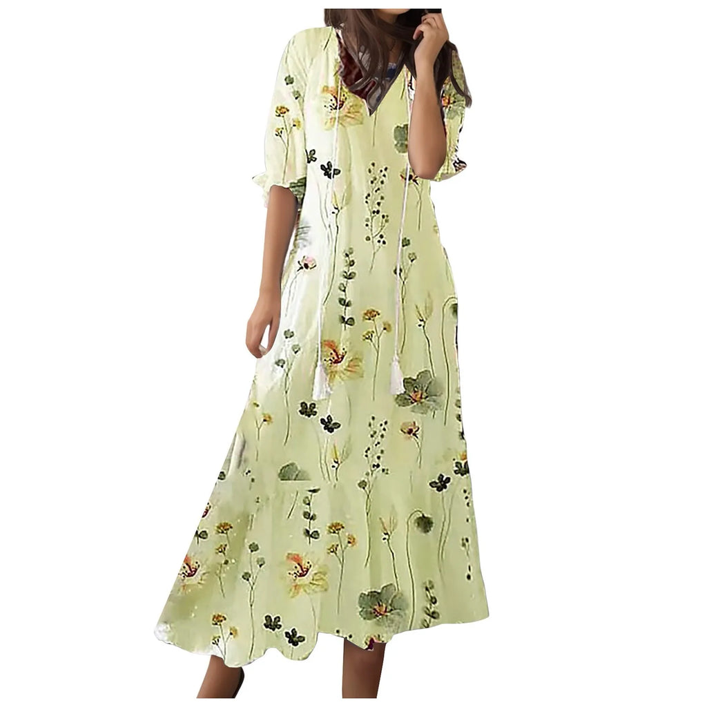 Women Dresses Casual Loose Comfortable Plus Size Dress With Tassels Bohemian Printed V Neck Long Length Woman Vestidosct