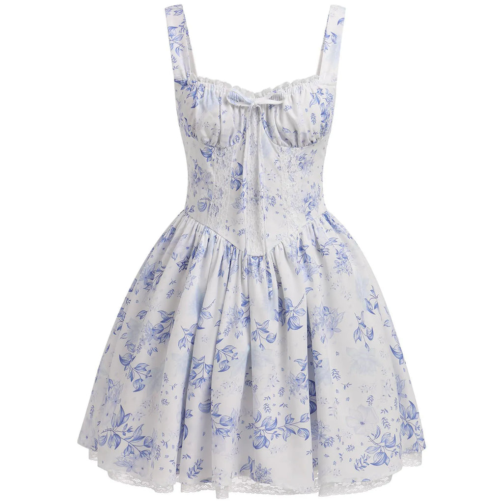 Women Floral Print Mini Dress Sexy Lace Patchwork Suspender Tie Up Corsets Bodycon Short Dresses Summer Boho French Vestidos