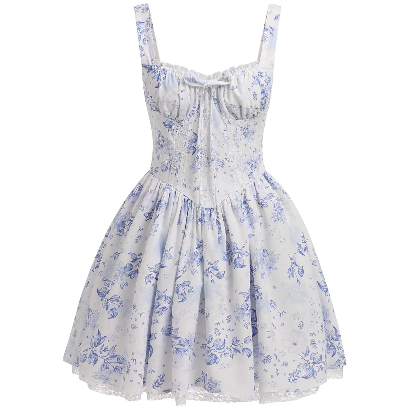 Women Floral Print Mini Dress Sexy Lace Patchwork Suspender Tie Up Corsets Bodycon Short Dresses Summer Boho French Vestidos