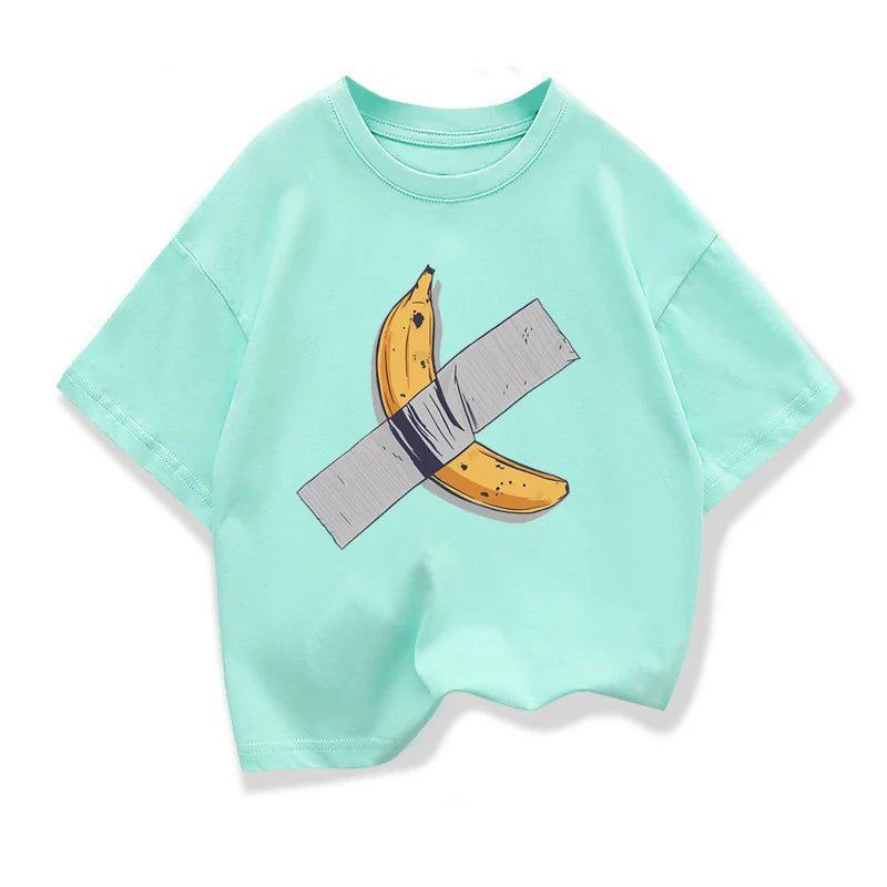 Children Clothes Bananas on the wall Graphic Kids Fashion Short Sleeve T-shirt Popular Design Kids Crewneck Loose Cotton Tees