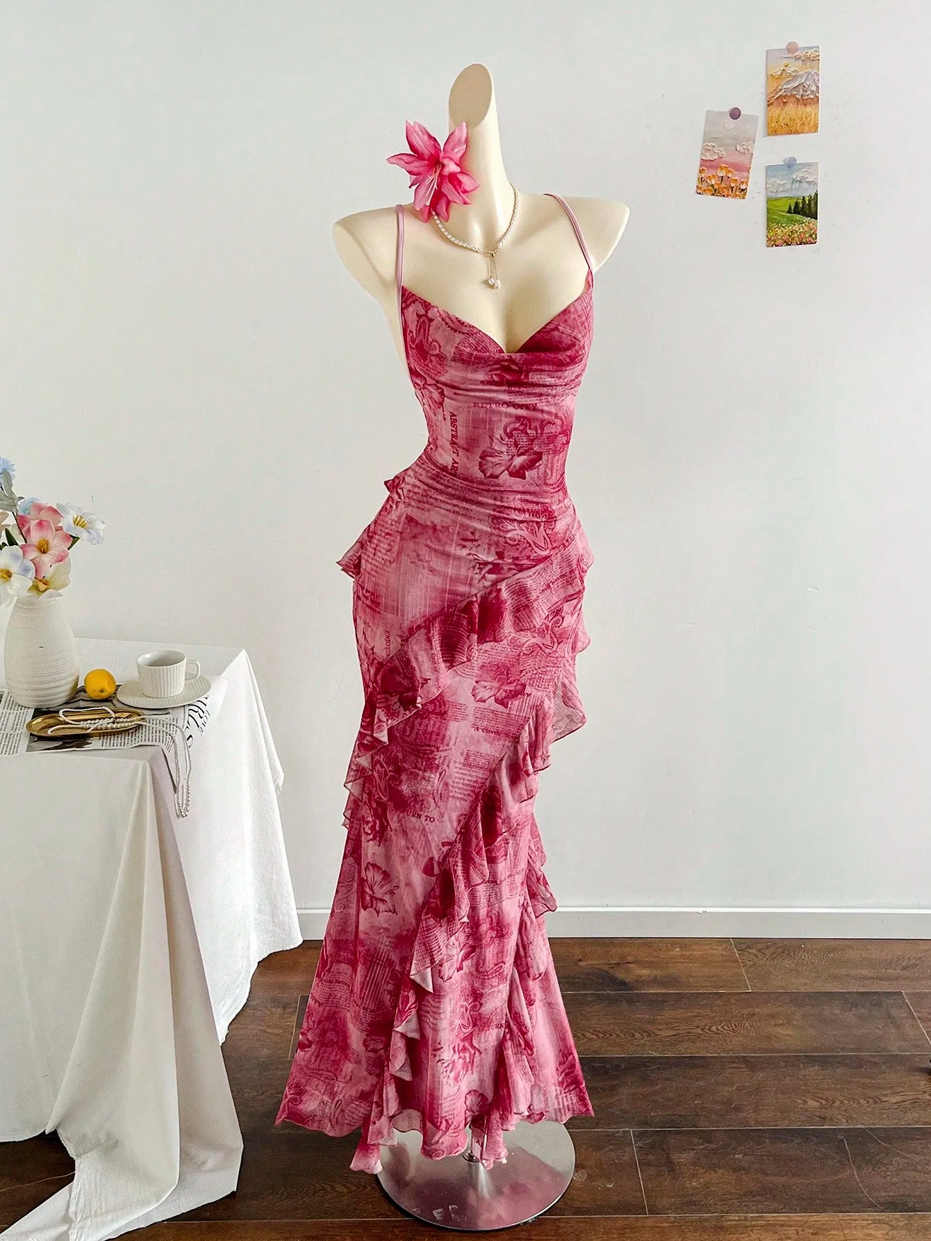 Soleia Women's Colorful Vintage Floral Print Draped Neck Layered Ruffle Hem Maxi Dress, Vacation Style Elegant Dress Women,