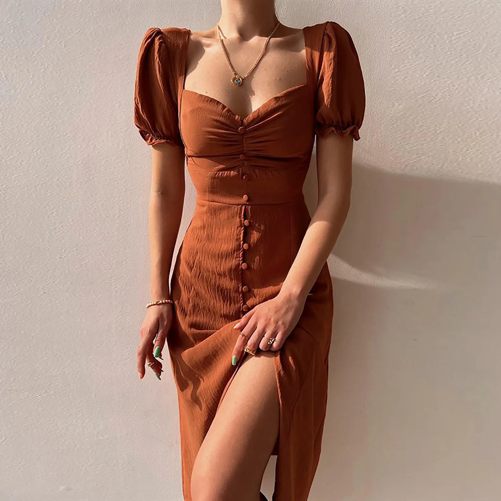 Slim Long Dresses Women Bodycon Button Up Square Neck Pleated Wrap Split Maxi Dress Summer Elegant Short puff Sleeve Sundress