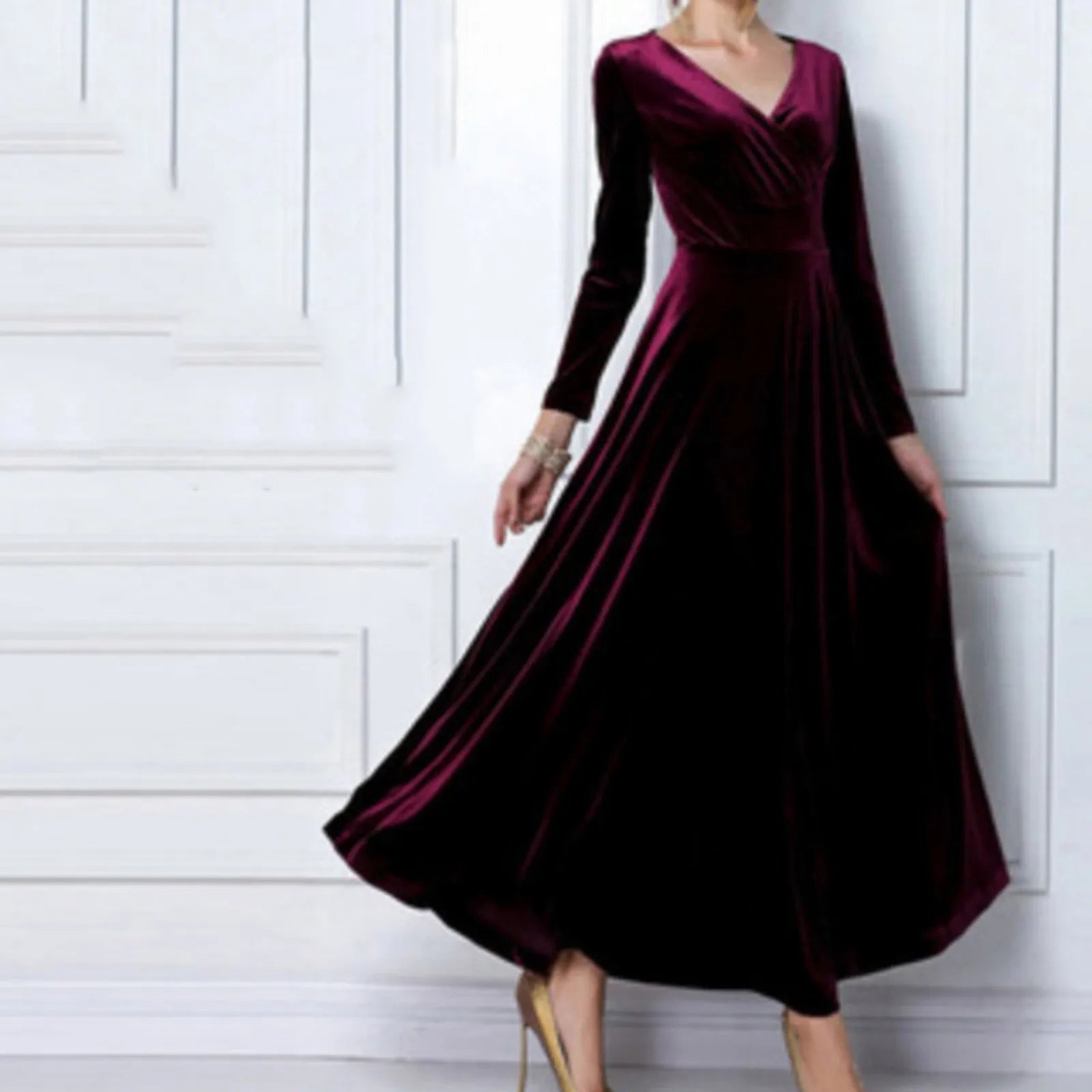 Elegant Gowns For Women Formal Women Long Sleeved V Neck Gold Velvet Dress Vestidos En LiquidacióN EnvíO Gratis