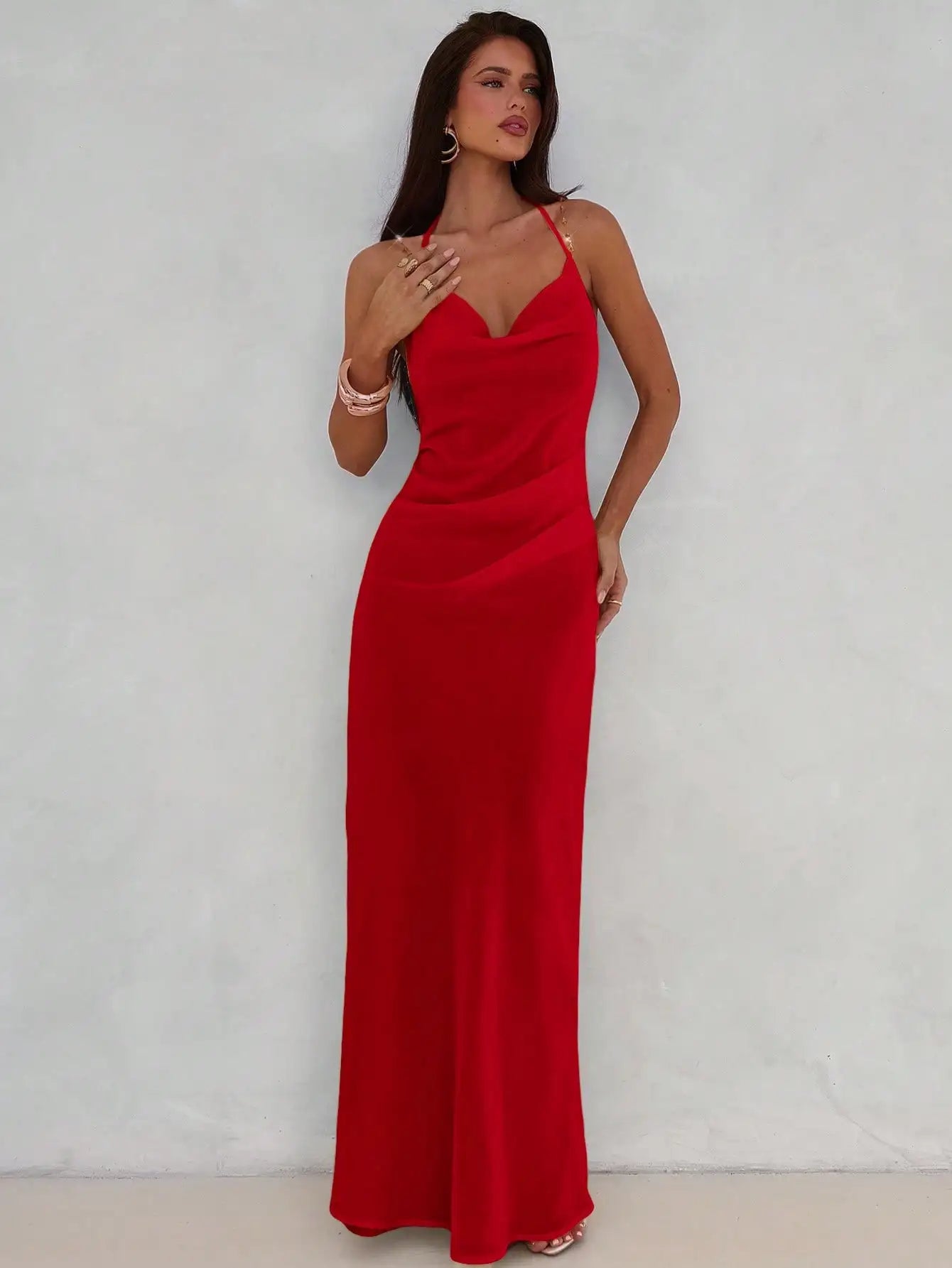 Women's Red Plunging Neck Backless Beaded Chain Maxi Dress for Evening
