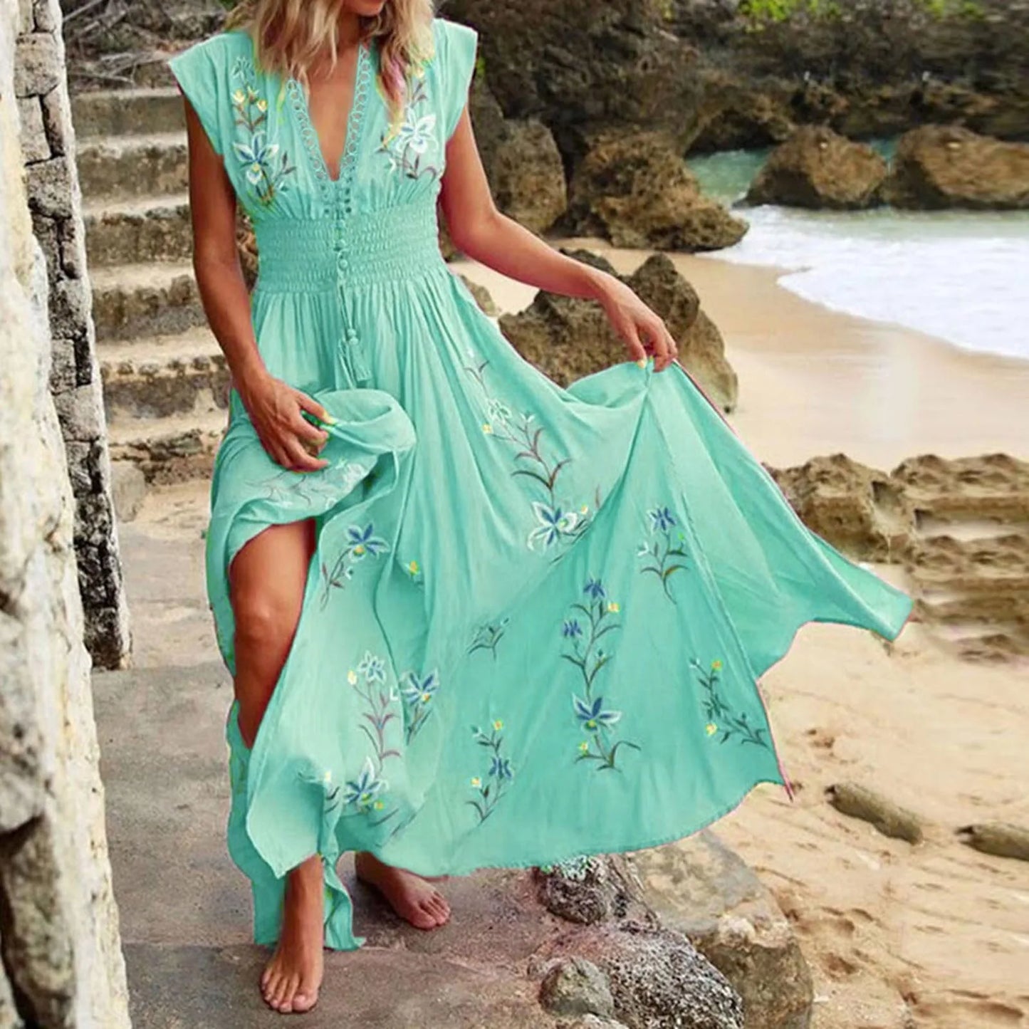 Beach Boho Dress Women Ruffled V-Neck Floral Vintage High Waist A-Line Long Dress Sleeveless Lace Up Jacquard Maxi Sundress