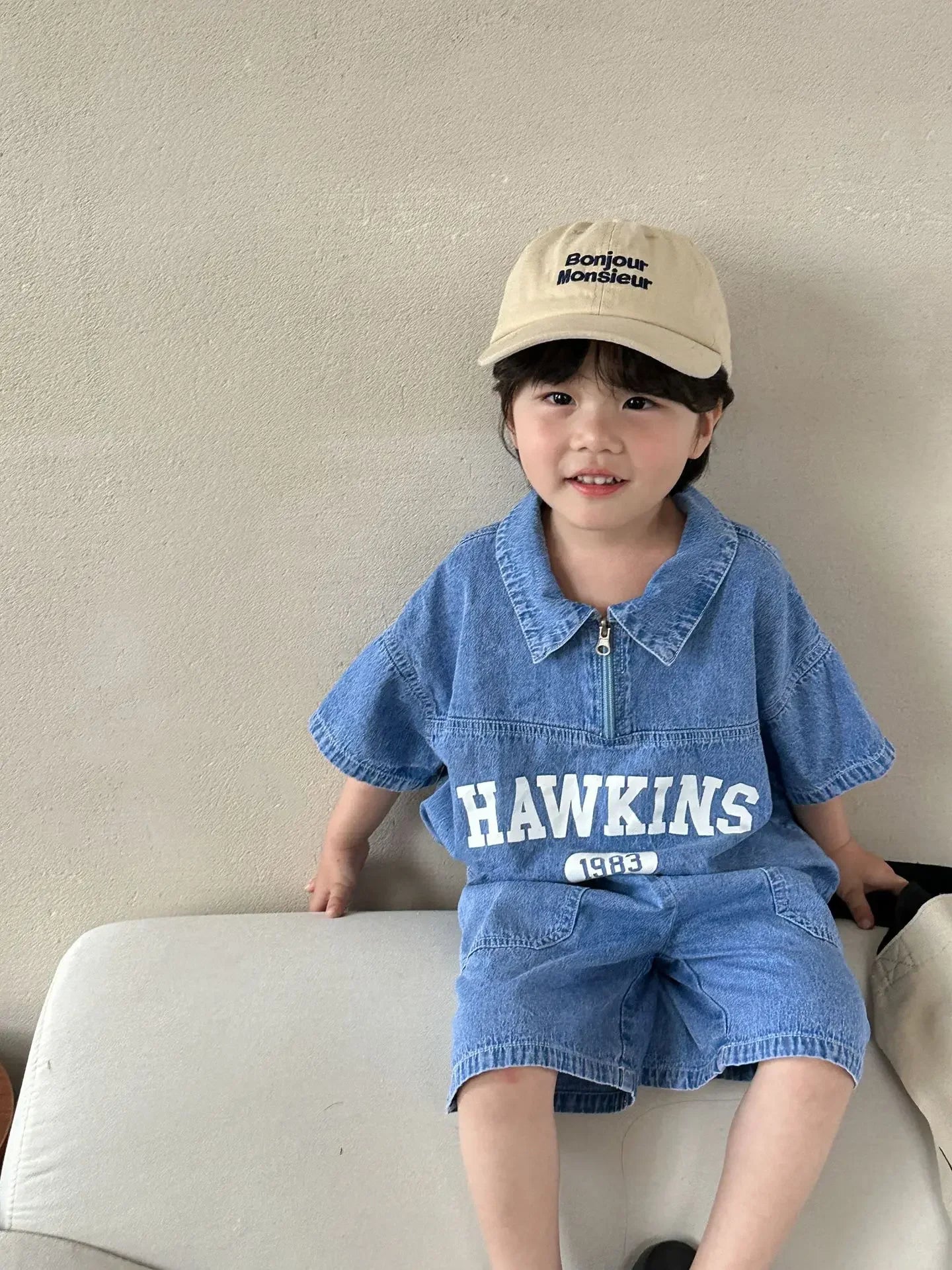 5816C Children's Clothing Set Denim Suit Summer Casual Boy's Denim Suit Letter Print Top+ Shorts Casual Two-piece Suit