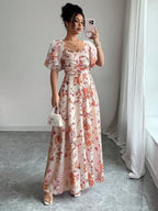 Pink Butterfly Print Chiffon Maxi Dress with Ruched Bodice and Batwing Sleeves for Summer