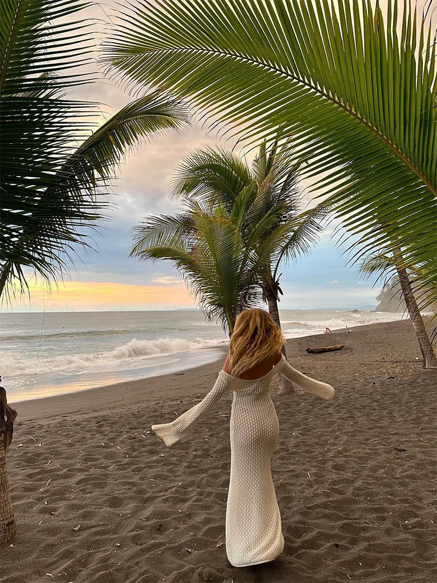 Women s Long  Fit Dress Long Sleeve V Neck Tie Up Knitted Crochet Beach Dresses