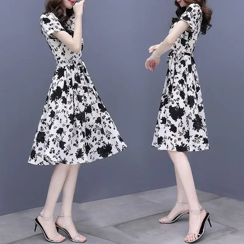 Breathable Chiffon Floral Print Dress V Neck Slim Fit With Ruffles