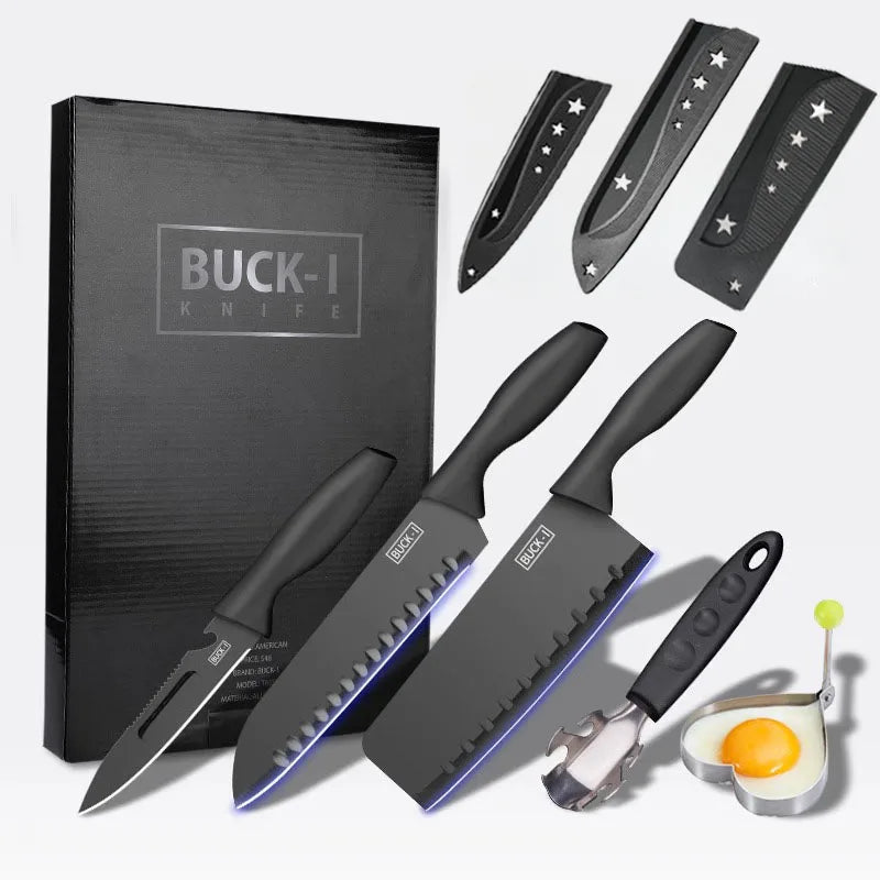 5/7-Piece Black Kitchen Knife Set - Professional Chef Knife, Fruit Knife, Meat Cleaver, Cutting Board, Heart-Shaped Egg Mold