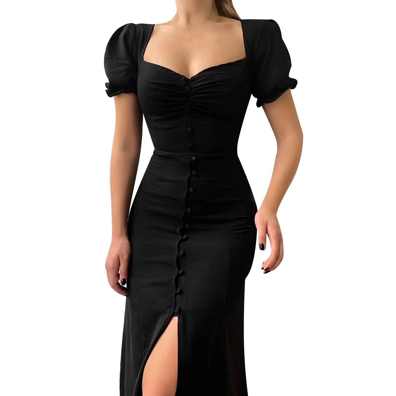 Slim Long Dresses Women Bodycon Button Up Square Neck Pleated Wrap Split Maxi Dress Summer Elegant Short puff Sleeve Sundress