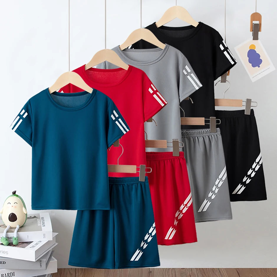 2 Pieces Children's Summer Solid Color Quick Drying Breathable Set Boys' Sports Running Is A Comfortable Top Girls' Loose Shorts