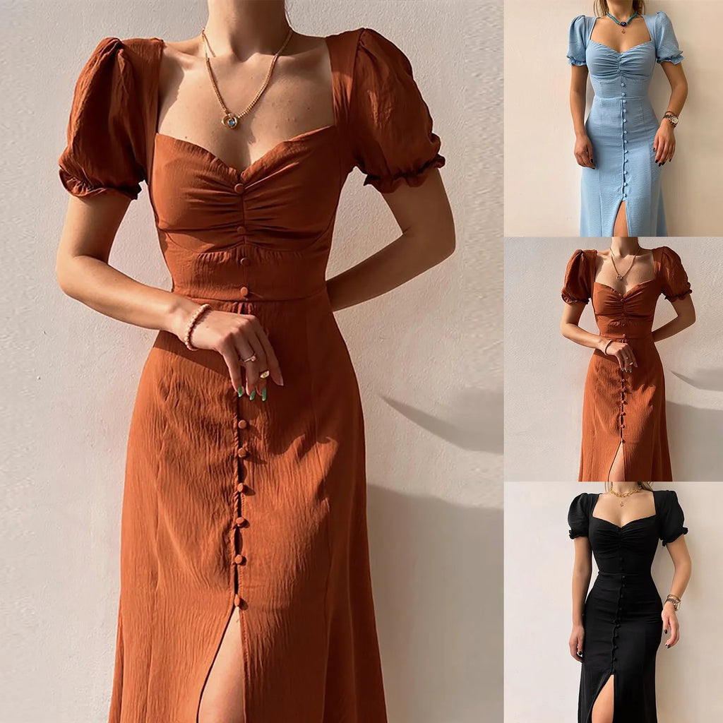 Slim Long Dresses Women Bodycon Button Up Square Neck Pleated Wrap Split Maxi Dress Summer Elegant Short puff Sleeve Sundress