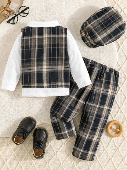 4Pcs Baby Boy Formal Wear Set with Long Sleeve Lapel Neck Shirt Plaid Button Down Vest Pants and Hat - Gentleman Outfit with