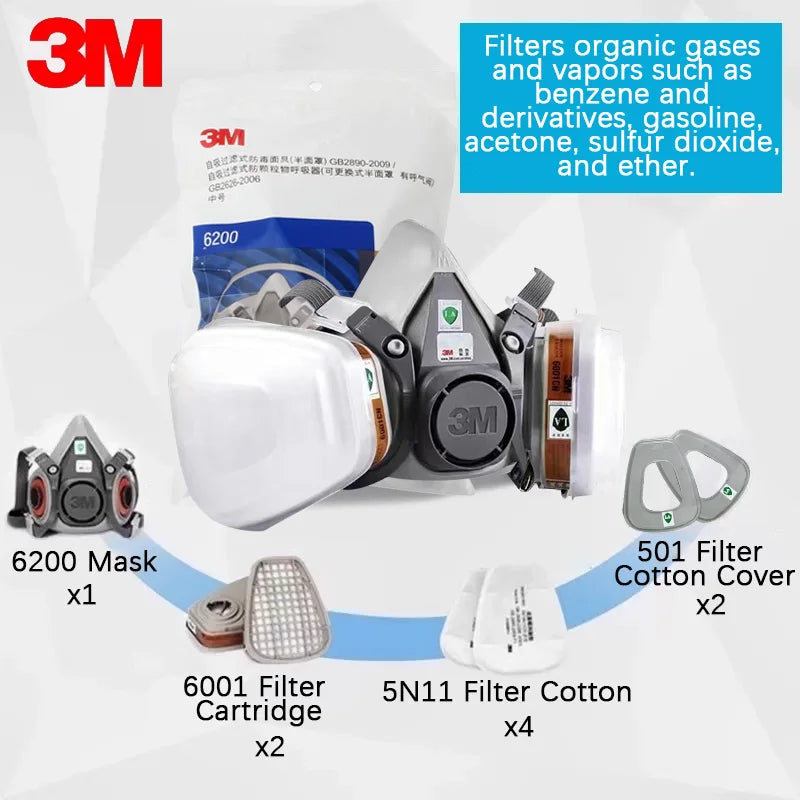 3M 6200 Self-priming Filtering Gas Mask Half Mask for Paint Spraying, Chemical Gas, Industrial Dust Headgear