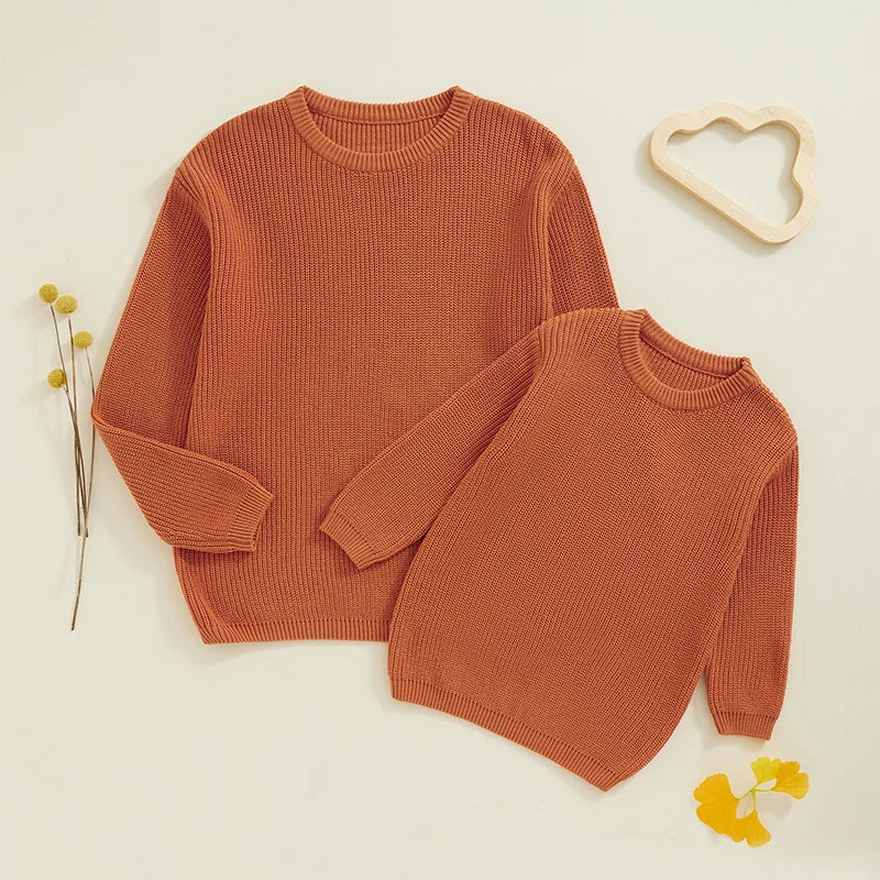 Suefunskry 1PC Mommy and Me Matching Sweaters Solid Color Knitted Long Sleeve Round Neck Warm Pullover Tops for Autumn Winter