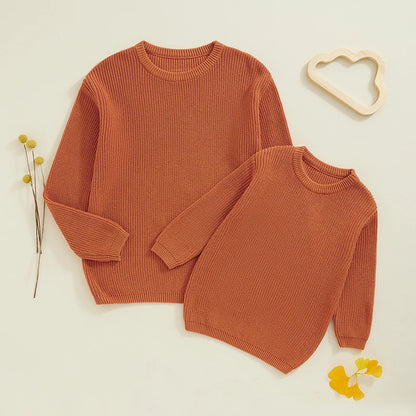 Suefunskry 1PC Mommy and Me Matching Sweaters Solid Color Knitted Long Sleeve Round Neck Warm Pullover Tops for Autumn Winter