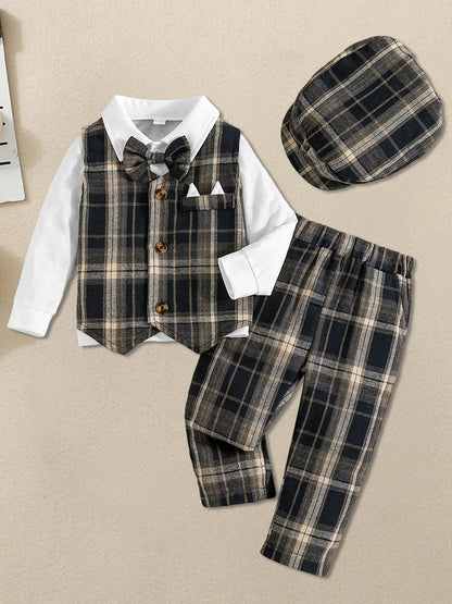 4Pcs Baby Boy Formal Wear Set with Long Sleeve Lapel Neck Shirt Plaid Button Down Vest Pants and Hat - Gentleman Outfit with