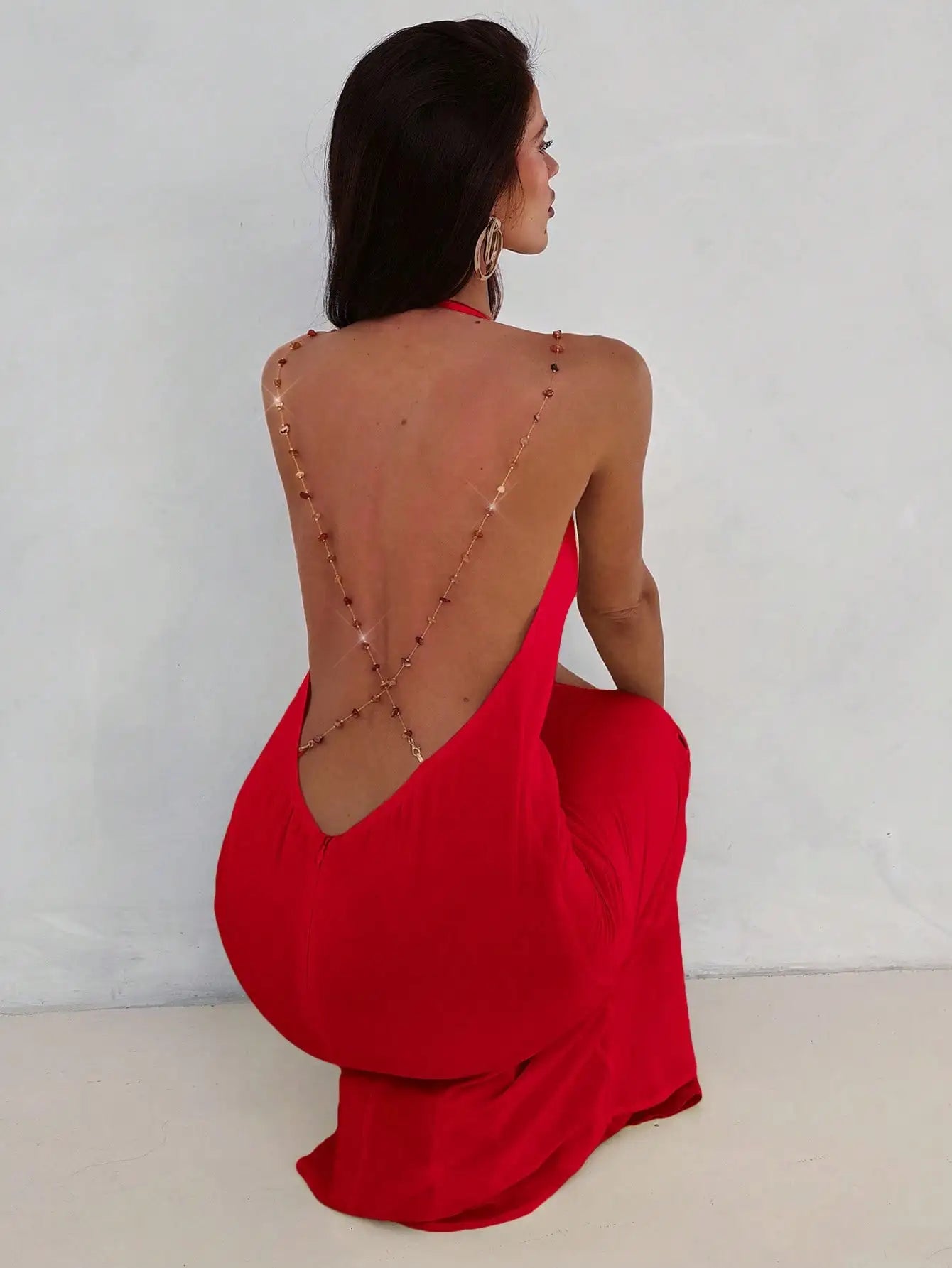 Women's Red Plunging Neck Backless Beaded Chain Maxi Dress for Evening