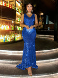 Shimmering Gold Sequin V-Neck Backless Mermaid Dress for Evening Events