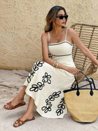 Cream Embroidered Leaf Pattern Spaghetti Strap Midi Dress Summer Casual Beach